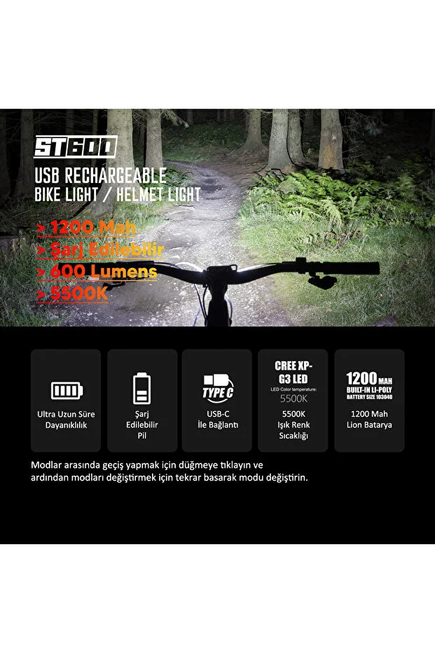 Strada ST-600 Çift Yönlü Lityum Şarj Edilebilir Far